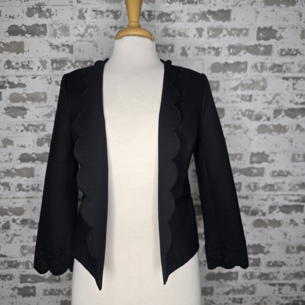 Bananaโ Republic Blazer Womens Size 4 Black Open Front Ponte Scallop Laser Cut